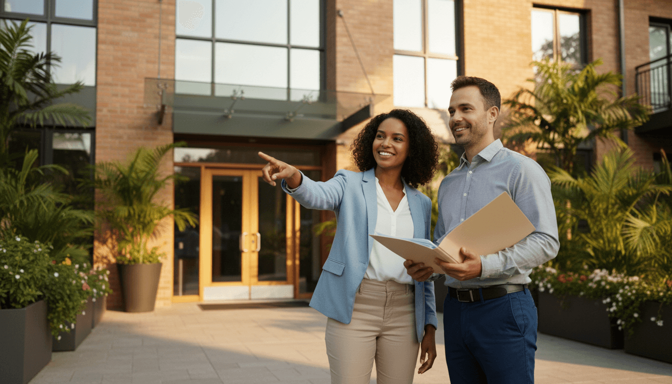 Real estate agent helping a tenant with Section 8 paperwork outside a Miami apartment building