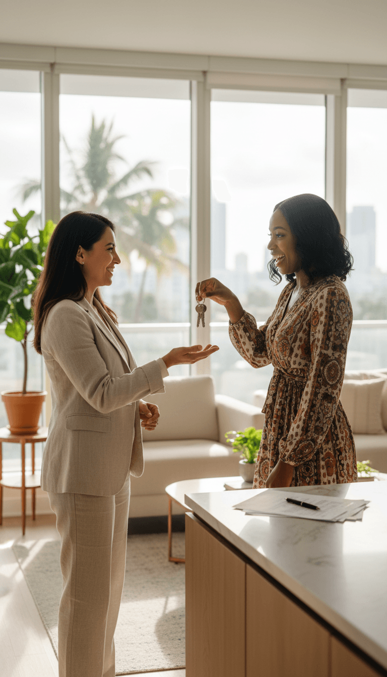 Real estate agent handing keys to a tenant in a bright Miami apartment